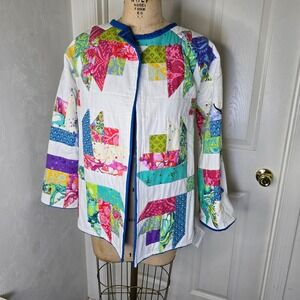 One of a kind blue multi colored handmade quilt coat OS
